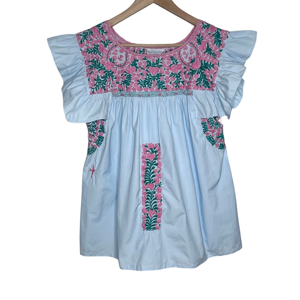 Mi Golondrina Mexico Blue Pink Floral Embroidered Ruffle Blouse Top L Boho